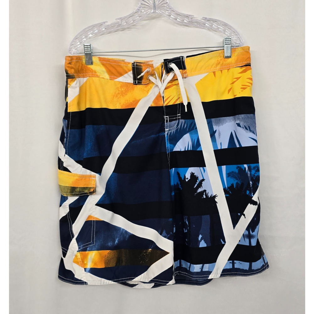 Maui Waves Swim Trunks Men's 2XL Blue Gold Tropical Mesh Lining Tie Front Pocket